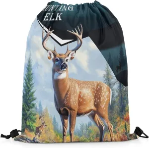 Hunting Elk Drawstring Bag,Animal Deer Antler Drawstring Backpack,Western Rustic Farmhouse Draw String Bag Gym Packs Large Capacity