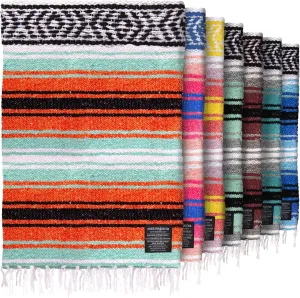 Hydration Nation Authentic Extra Large Mexican Blanket (70"x50") - Handwoven Yoga, Serape- Artisanal Falsa, Beach, Camping, Picnic, Outdoor (Mint-Orange)