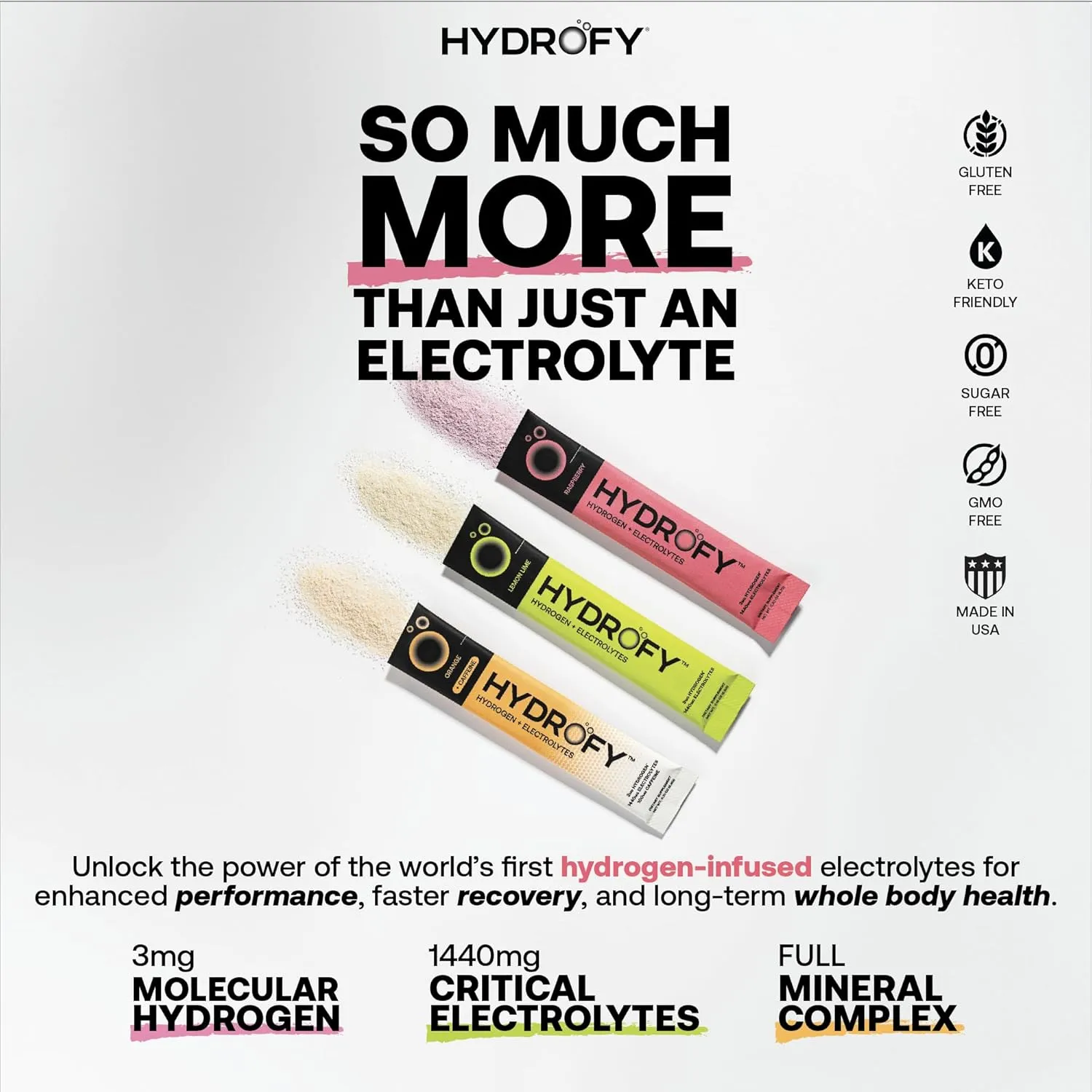 Hydrofy Hydrogen Water   Electrolytes Drink Mix - Variety Pack | H2 Hydration Packets with Molecular Hydrogen, Sodium, Potassium, Magnesium | Lemon Lime, Raspberry, Orange   Caffeine | 12 Count