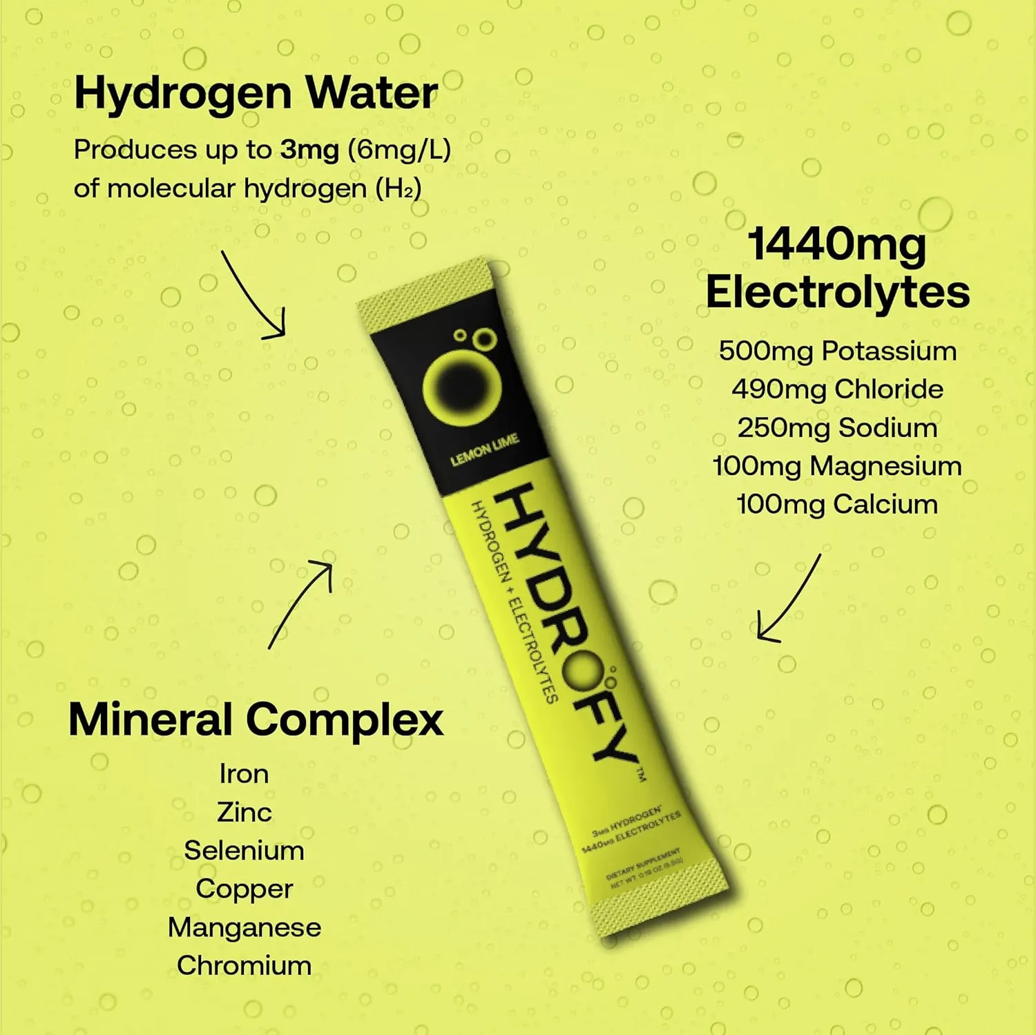 Hydrofy Hydrogen Water   Electrolytes Drink Mix - Variety Pack | H2 Hydration Packets with Molecular Hydrogen, Sodium, Potassium, Magnesium | Lemon Lime, Raspberry, Orange   Caffeine | 12 Count