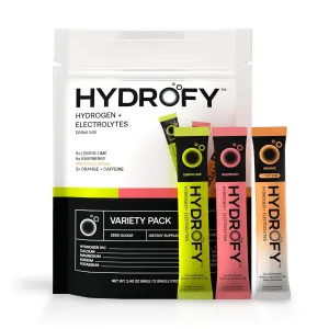 Hydrofy Hydrogen Water   Electrolytes Drink Mix - Variety Pack | H2 Hydration Packets with Molecular Hydrogen, Sodium, Potassium, Magnesium | Lemon Lime, Raspberry, Orange   Caffeine | 12 Count