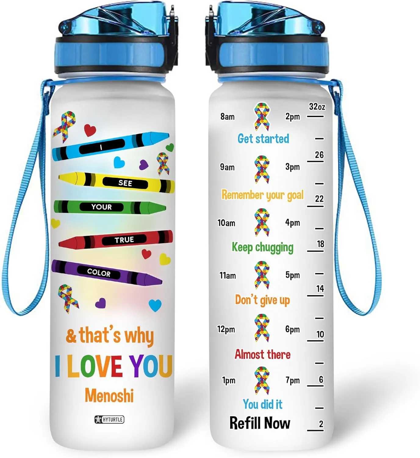 Hyturtle Personalized Autism Water Bottle - 32oz Motivational Water Bottle with Leak-Proof Lid & Time Marker - Custom Name Gift for Women & Kids - Gift for Autism Awareness Month, Birthday