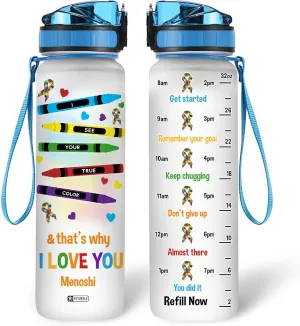 Hyturtle Personalized Autism Water Bottle - 32oz Motivational Water Bottle with Leak-Proof Lid & Time Marker - Custom Name Gift for Women & Kids - Gift for Autism Awareness Month, Birthday