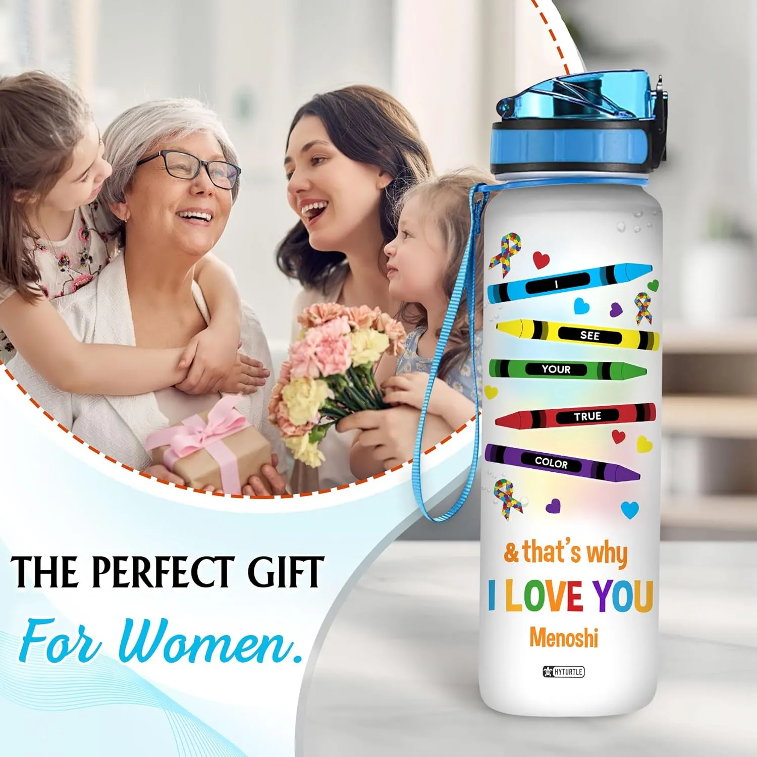 Hyturtle Personalized Autism Water Bottle - 32oz Motivational Water Bottle with Leak-Proof Lid & Time Marker - Custom Name Gift for Women & Kids - Gift for Autism Awareness Month, Birthday