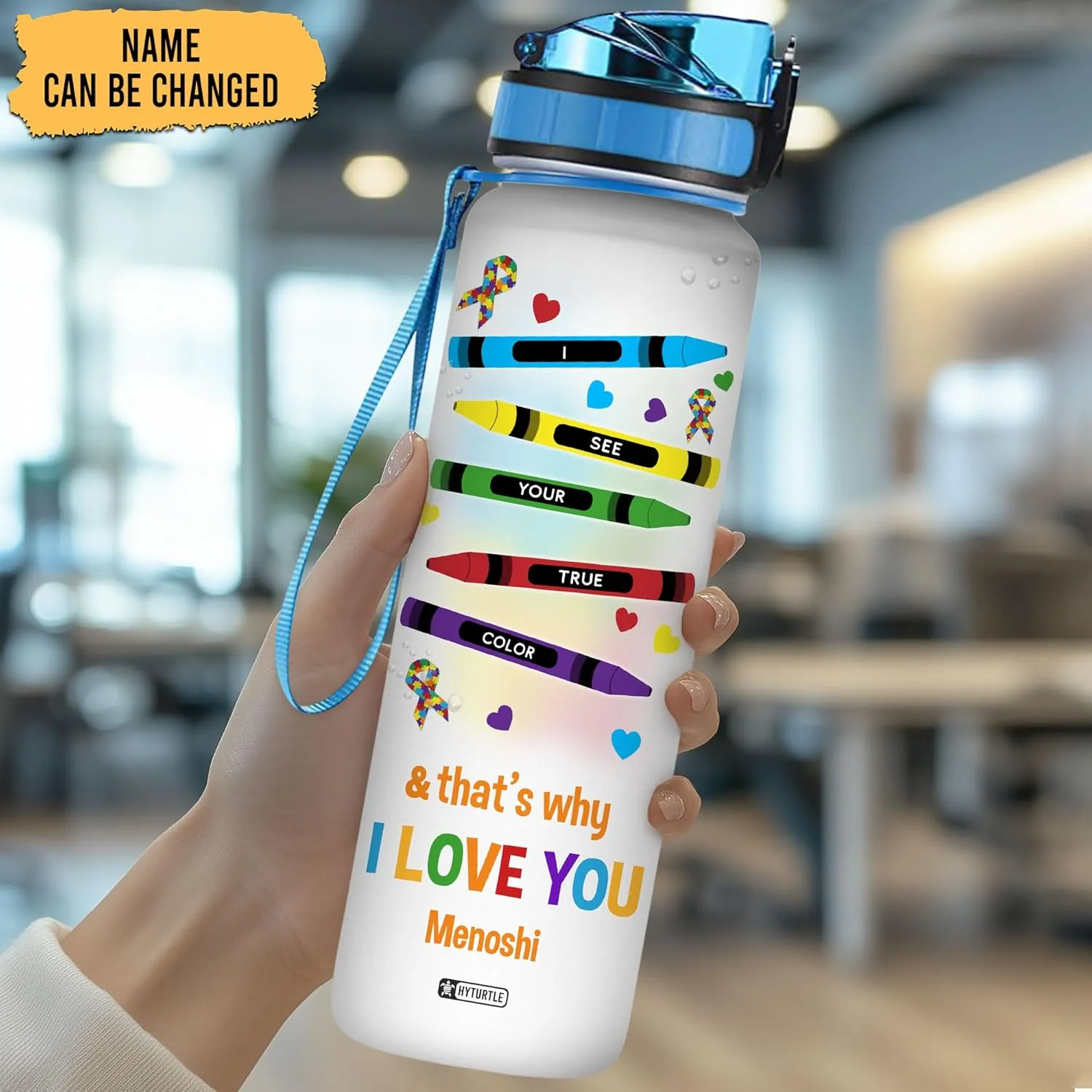 Hyturtle Personalized Autism Water Bottle - 32oz Motivational Water Bottle with Leak-Proof Lid & Time Marker - Custom Name Gift for Women & Kids - Gift for Autism Awareness Month, Birthday