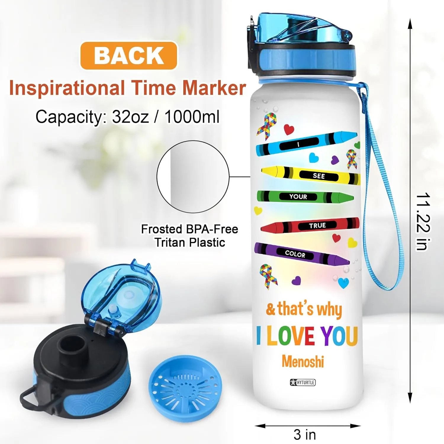 Hyturtle Personalized Autism Water Bottle - 32oz Motivational Water Bottle with Leak-Proof Lid & Time Marker - Custom Name Gift for Women & Kids - Gift for Autism Awareness Month, Birthday