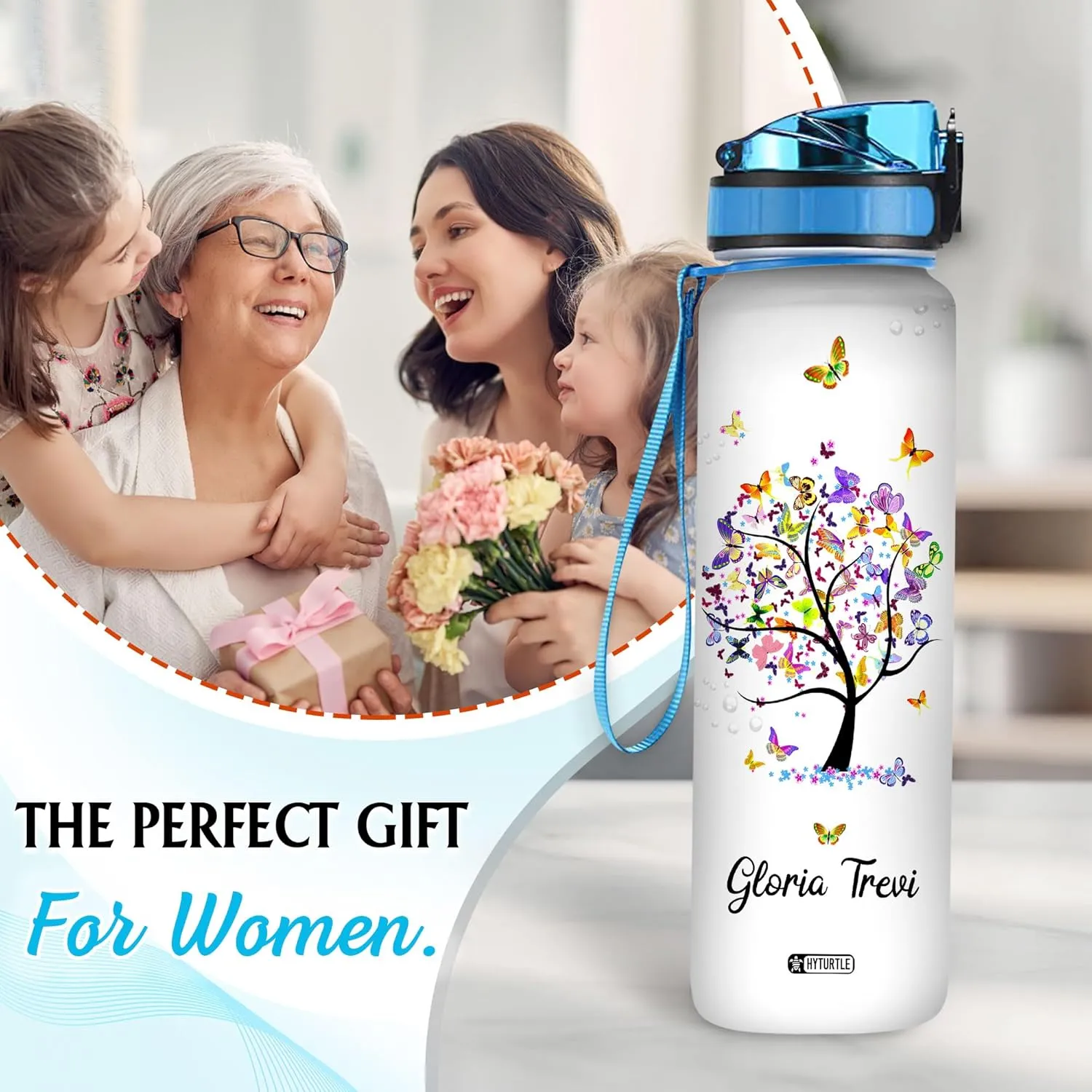 Hyturtle Personalized Butterfly Water Bottle - 32oz Motivational Water Bottle with Leak-Proof Lid & Time Marker - Custom Name Gift for Women Butterfly Lovers, Girls - Birthday & Christmas Gift