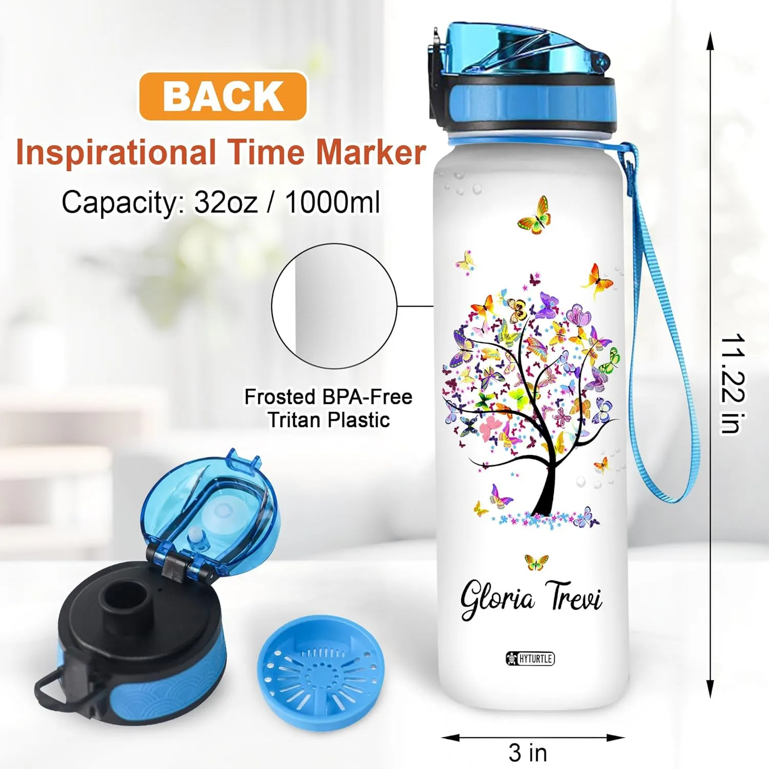 Hyturtle Personalized Butterfly Water Bottle - 32oz Motivational Water Bottle with Leak-Proof Lid & Time Marker - Custom Name Gift for Women Butterfly Lovers, Girls - Birthday & Christmas Gift