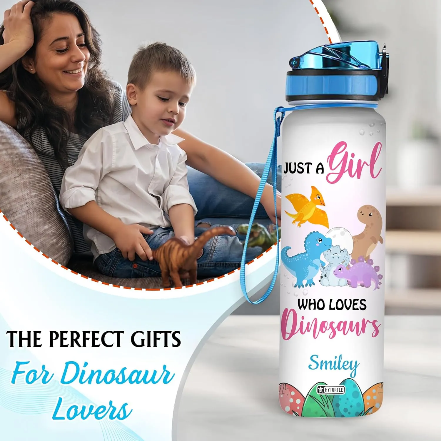 Hyturtle Personalized Dinosaur Water Bottle - 32oz Motivational Water Bottle with Leak-Proof Lid & Time Marker - Custom Name Jurassic Gift for Dinosaur Lovers Boys Kids On Birthday Christmas