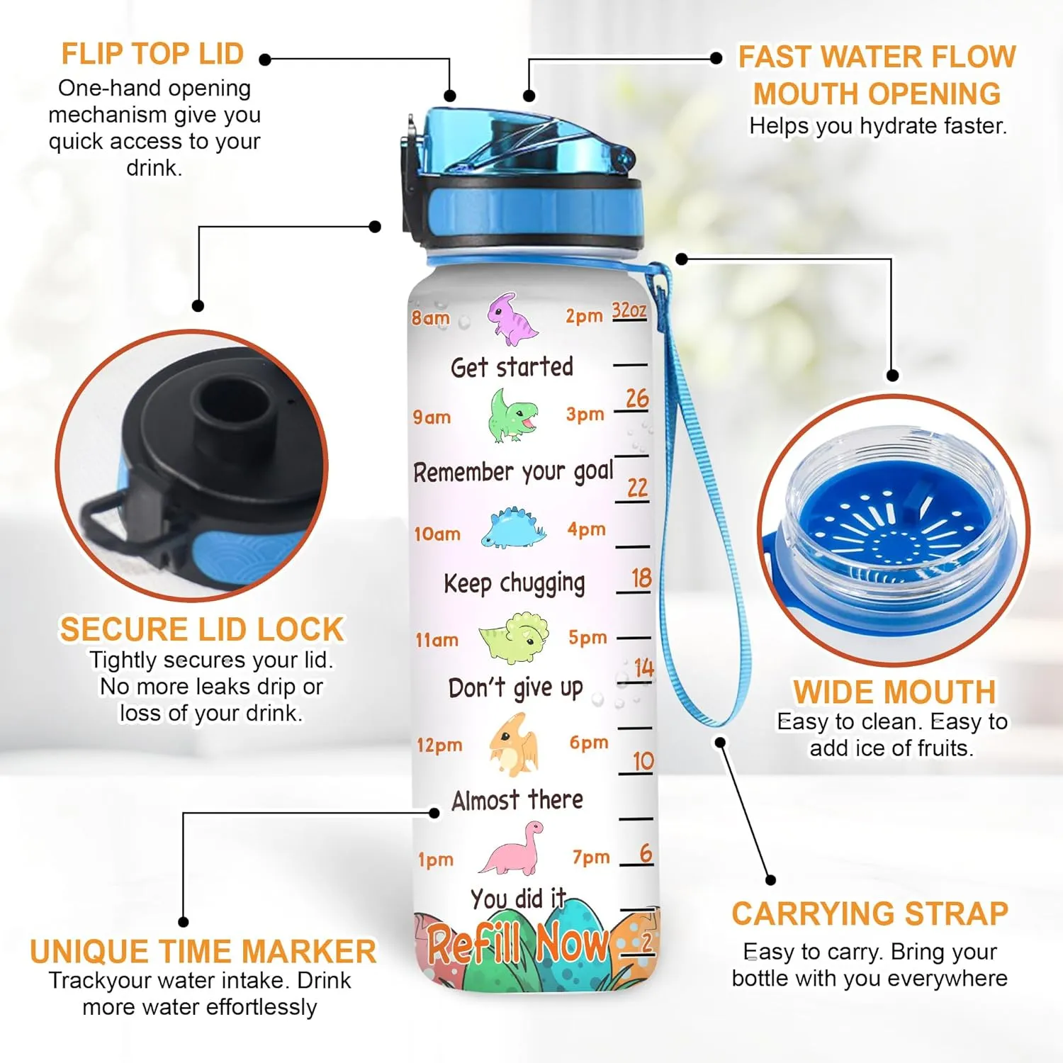 Hyturtle Personalized Dinosaur Water Bottle - 32oz Motivational Water Bottle with Leak-Proof Lid & Time Marker - Custom Name Jurassic Gift for Dinosaur Lovers Boys Kids On Birthday Christmas