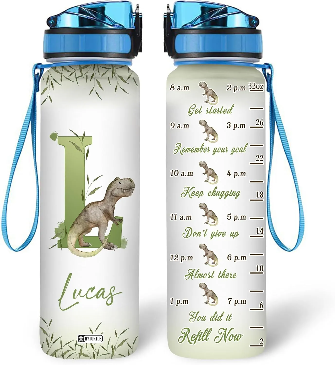 Hyturtle Personalized Dinosaur Water Bottle - 32oz Motivational Water Bottle with Leak-Proof Lid & Time Marker - Custom Name With The First Letter Gift for Jurassic Lovers Boys on Birthday Christmas