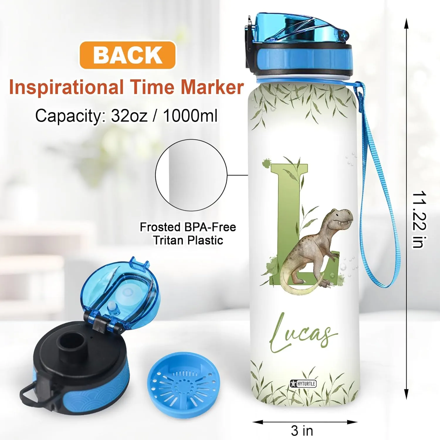 Hyturtle Personalized Dinosaur Water Bottle - 32oz Motivational Water Bottle with Leak-Proof Lid & Time Marker - Custom Name With The First Letter Gift for Jurassic Lovers Boys on Birthday Christmas