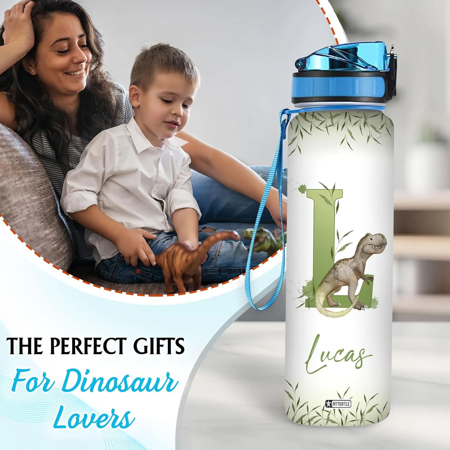Hyturtle Personalized Dinosaur Water Bottle - 32oz Motivational Water Bottle with Leak-Proof Lid & Time Marker - Custom Name With The First Letter Gift for Jurassic Lovers Boys on Birthday Christmas
