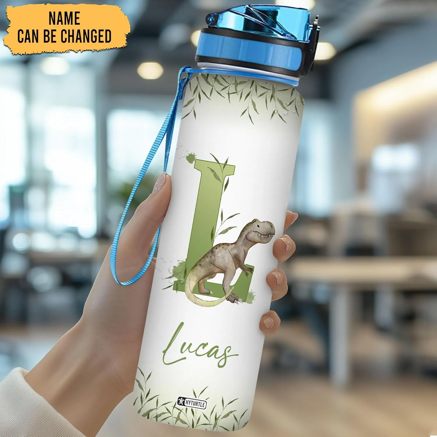 Hyturtle Personalized Dinosaur Water Bottle - 32oz Motivational Water Bottle with Leak-Proof Lid & Time Marker - Custom Name With The First Letter Gift for Jurassic Lovers Boys on Birthday Christmas