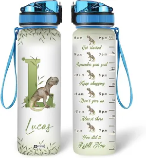 Hyturtle Personalized Dinosaur Water Bottle - 32oz Motivational Water Bottle with Leak-Proof Lid & Time Marker - Custom Name With The First Letter Gift for Jurassic Lovers Boys on Birthday Christmas