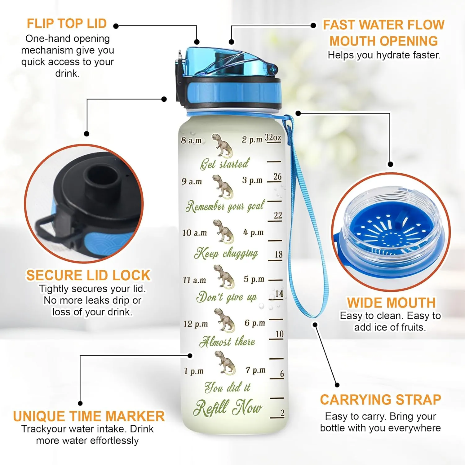 Hyturtle Personalized Dinosaur Water Bottle - 32oz Motivational Water Bottle with Leak-Proof Lid & Time Marker - Custom Name With The First Letter Gift for Jurassic Lovers Boys on Birthday Christmas