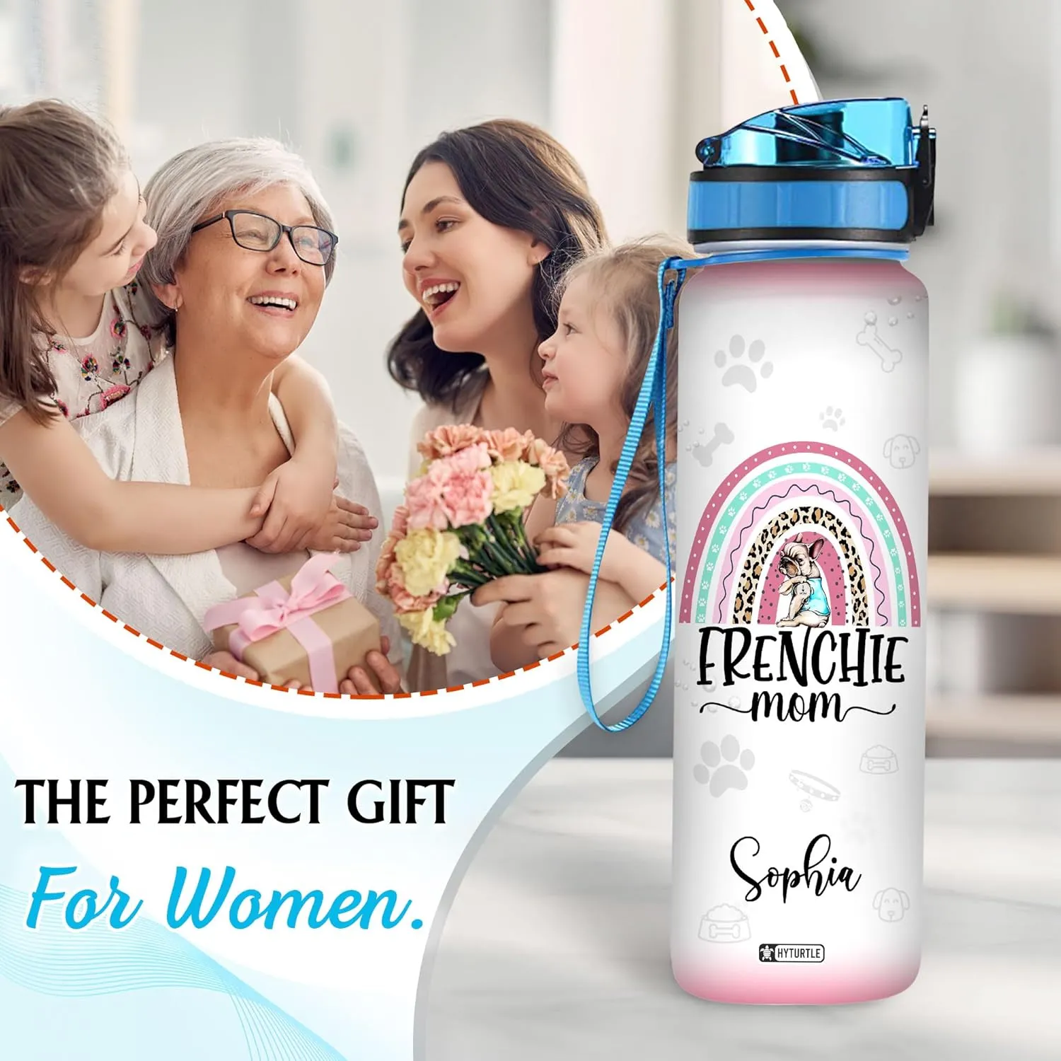 Hyturtle Personalized Frenchie Mom Water Bottle - 32oz Motivational Bottle with Time Marker – Custom Name Gift for French Bulldog Lovers, Dog Lover – Perfect Gifts for Birthdays and Mother's Day