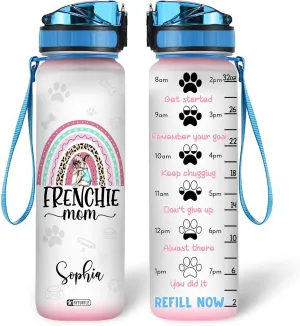 Hyturtle Personalized Frenchie Mom Water Bottle - 32oz Motivational Bottle with Time Marker – Custom Name Gift for French Bulldog Lovers, Dog Lover – Perfect Gifts for Birthdays and Mother's Day