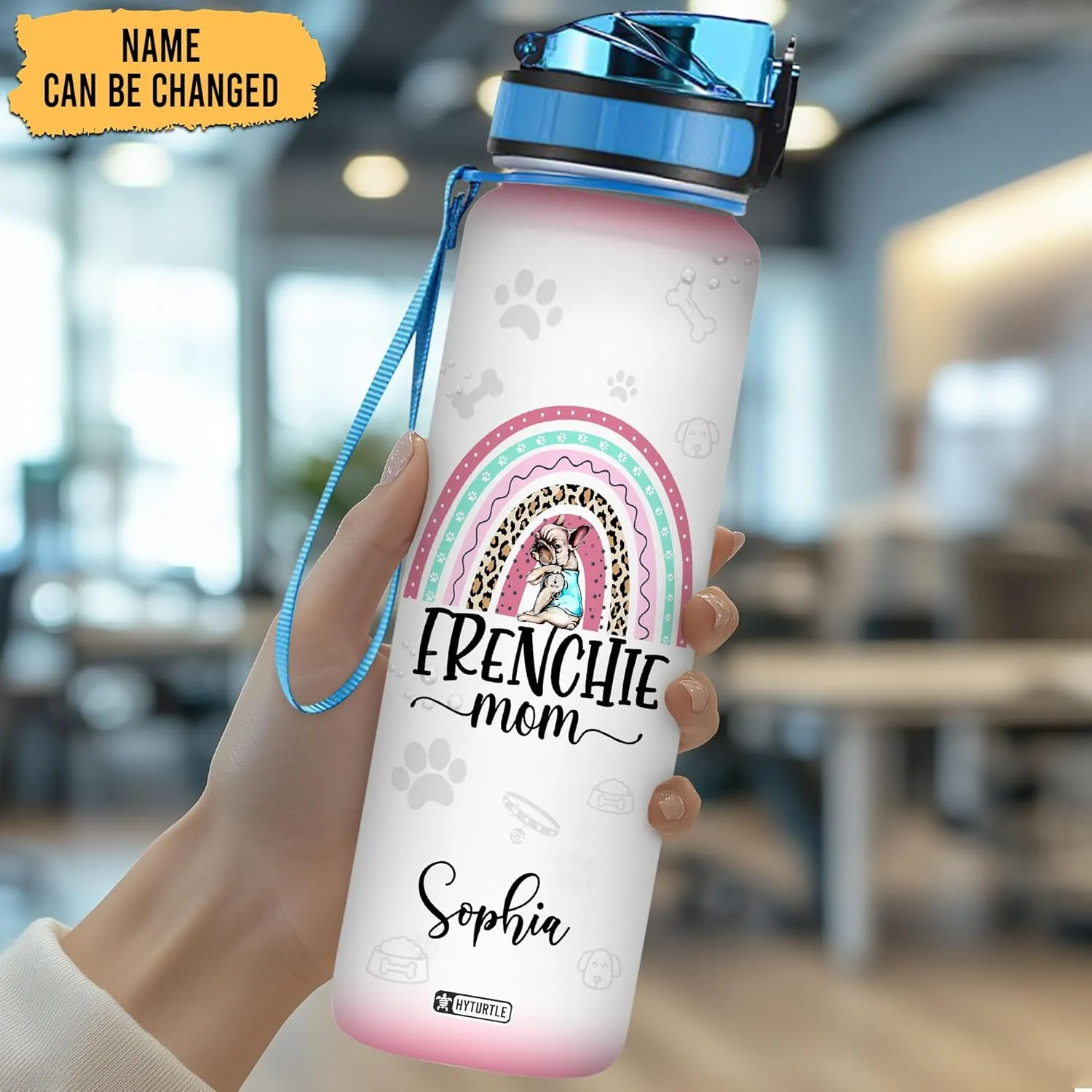 Hyturtle Personalized Frenchie Mom Water Bottle - 32oz Motivational Bottle with Time Marker – Custom Name Gift for French Bulldog Lovers, Dog Lover – Perfect Gifts for Birthdays and Mother's Day
