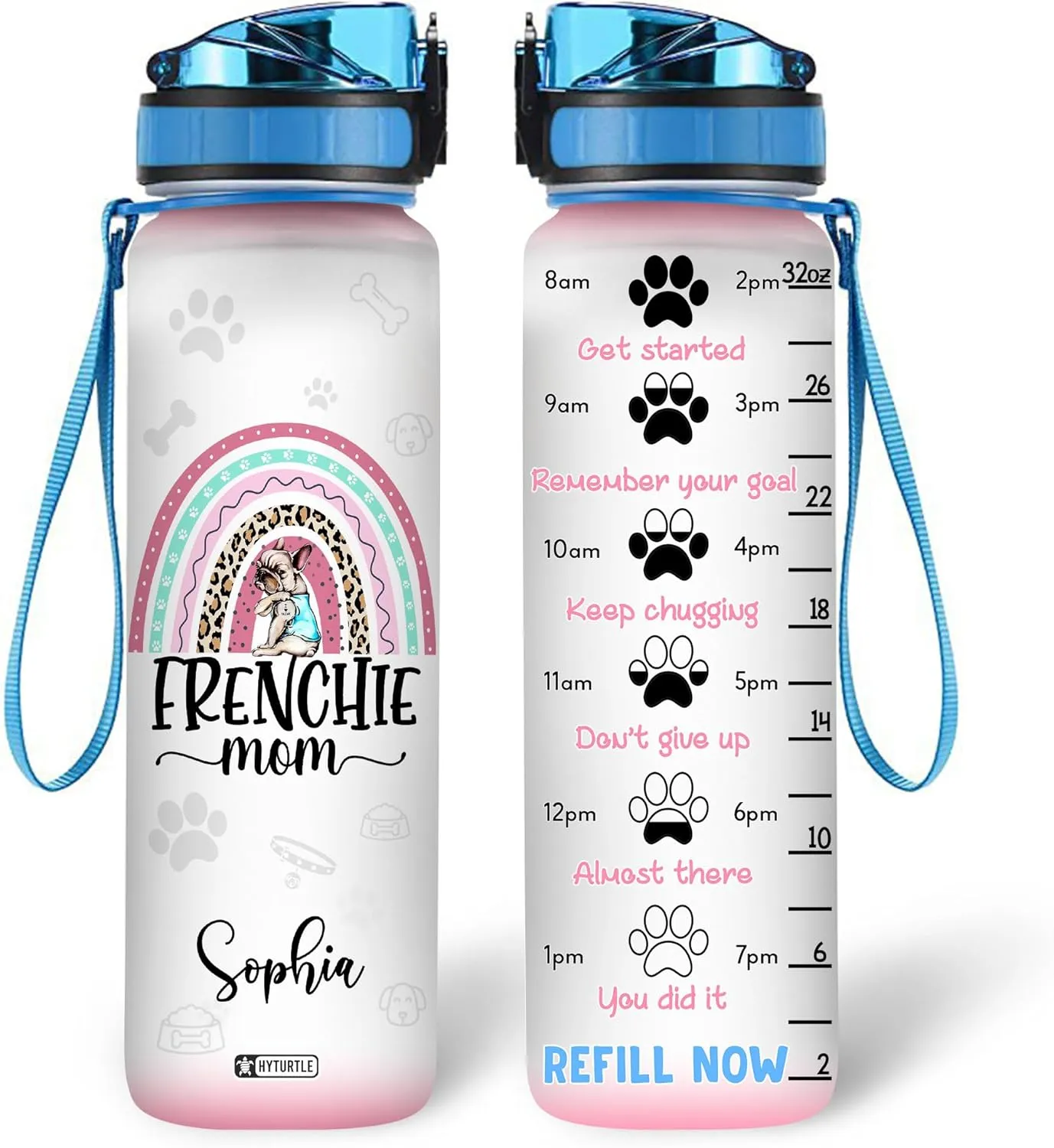 Hyturtle Personalized Frenchie Mom Water Bottle - 32oz Motivational Bottle with Time Marker – Custom Name Gift for French Bulldog Lovers, Dog Lover – Perfect Gifts for Birthdays and Mother's Day