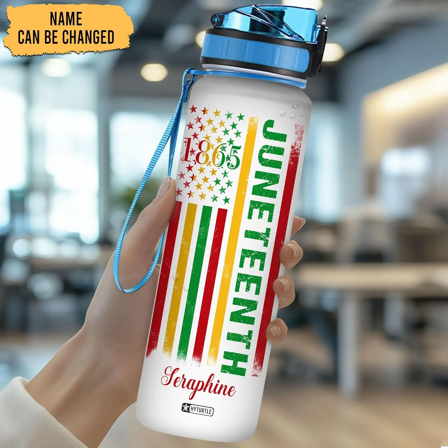Hyturtle Personalized Juneteenth Water Bottle - 32oz Motivational Water Bottle with Leak-Proof Lid & Time Marker - Custom Name Gift for Black Women Men, Black History On Juneteenth, Independence Day