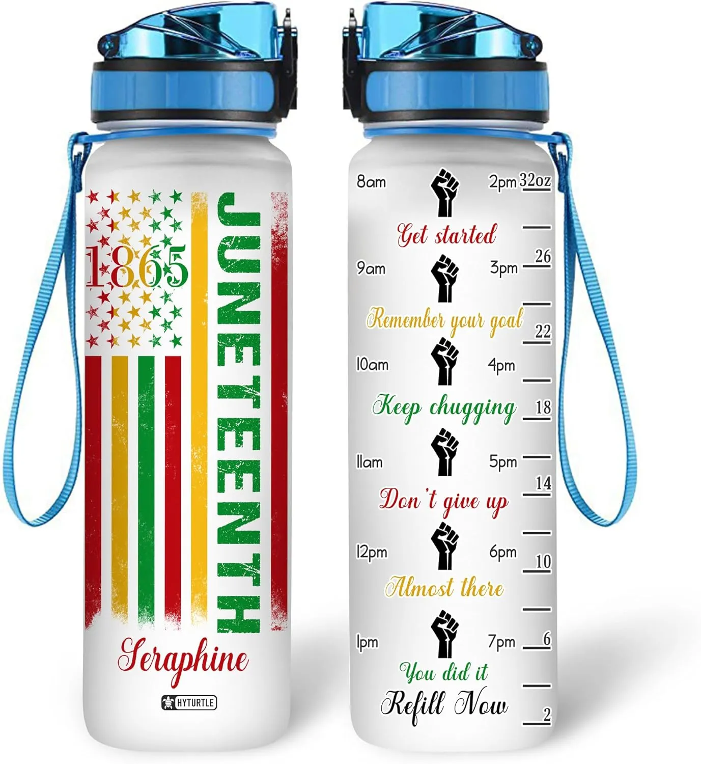Hyturtle Personalized Juneteenth Water Bottle - 32oz Motivational Water Bottle with Leak-Proof Lid & Time Marker - Custom Name Gift for Black Women Men, Black History On Juneteenth, Independence Day