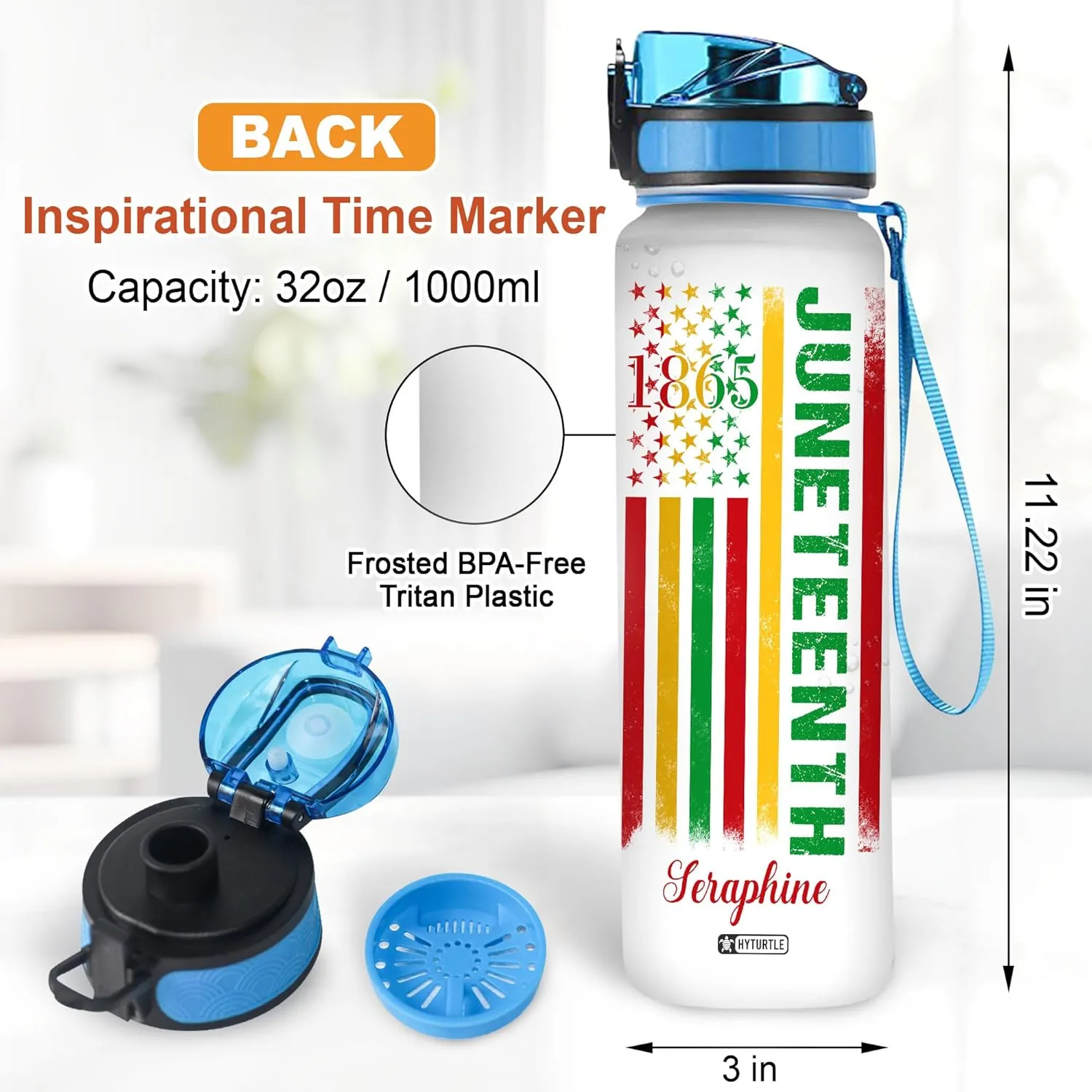 Hyturtle Personalized Juneteenth Water Bottle - 32oz Motivational Water Bottle with Leak-Proof Lid & Time Marker - Custom Name Gift for Black Women Men, Black History On Juneteenth, Independence Day