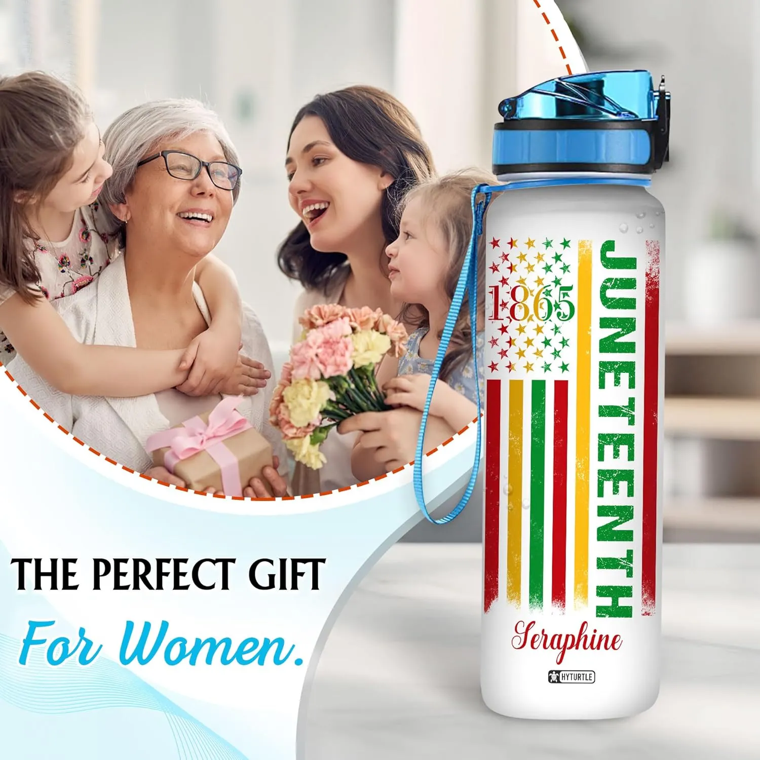 Hyturtle Personalized Juneteenth Water Bottle - 32oz Motivational Water Bottle with Leak-Proof Lid & Time Marker - Custom Name Gift for Black Women Men, Black History On Juneteenth, Independence Day