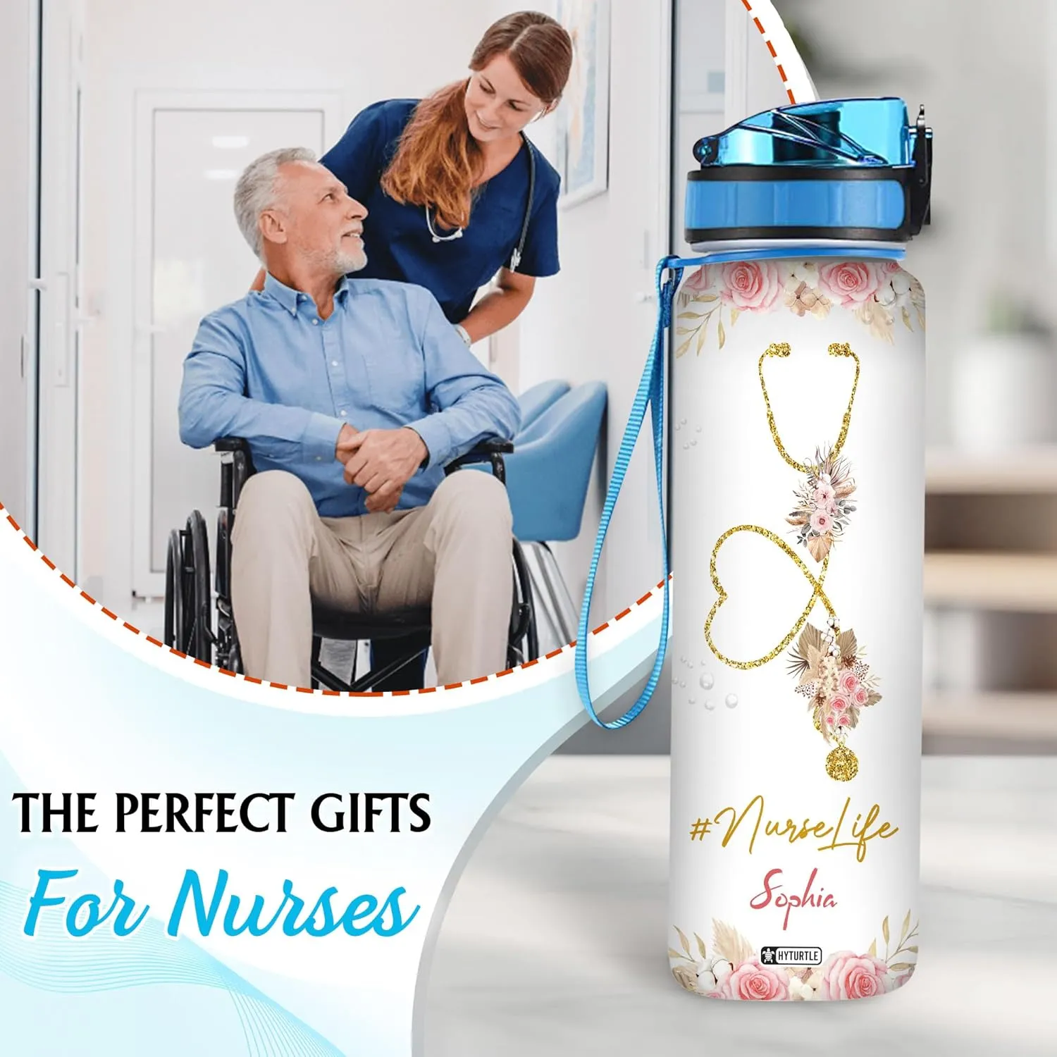 Hyturtle Personalized Nurse Life Water Bottle - 32oz Motivational Water Bottle with Leak-Proof Lid Time Marker - Custom Name Gift for Women Nursing Students Nurse Coworkers On Birthday Nurse's Day