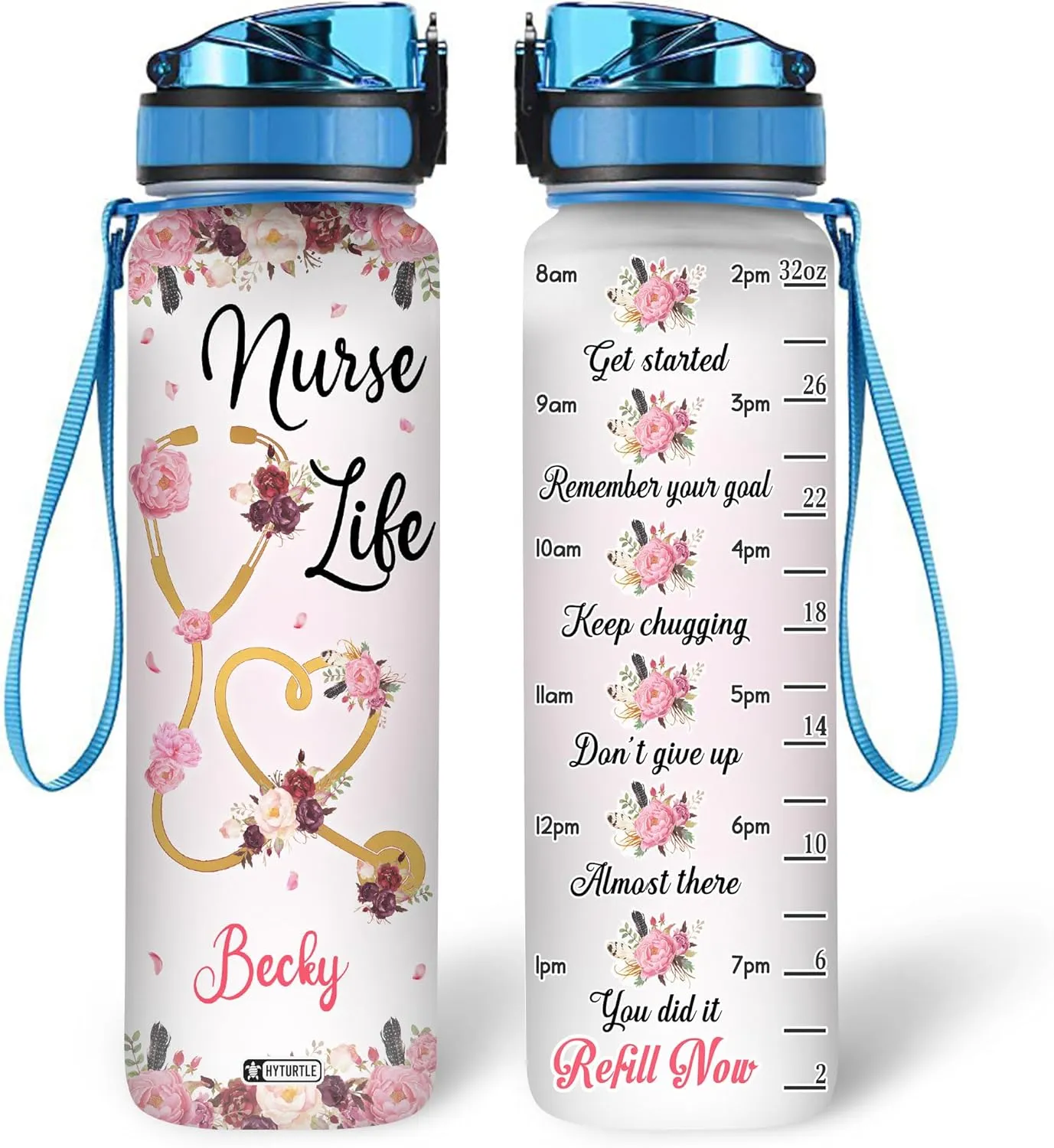 Hyturtle Personalized Nurse Life Water Bottle - 32oz Motivational Water Bottle with Leak-Proof Lid Time Marker - Custom Name Gift for Women, Nursing Students, Nurse Coworkers On Birthday Nurse's Day