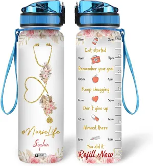 Hyturtle Personalized Nurse Life Water Bottle - 32oz Motivational Water Bottle with Leak-Proof Lid Time Marker - Custom Name Gift for Women Nursing Students Nurse Coworkers On Birthday Nurse's Day