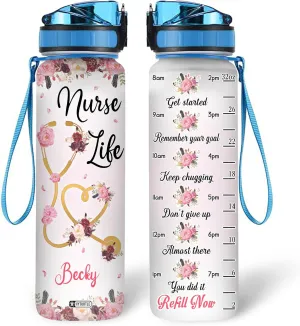 Hyturtle Personalized Nurse Life Water Bottle - 32oz Motivational Water Bottle with Leak-Proof Lid Time Marker - Custom Name Gift for Women, Nursing Students, Nurse Coworkers On Birthday Nurse's Day