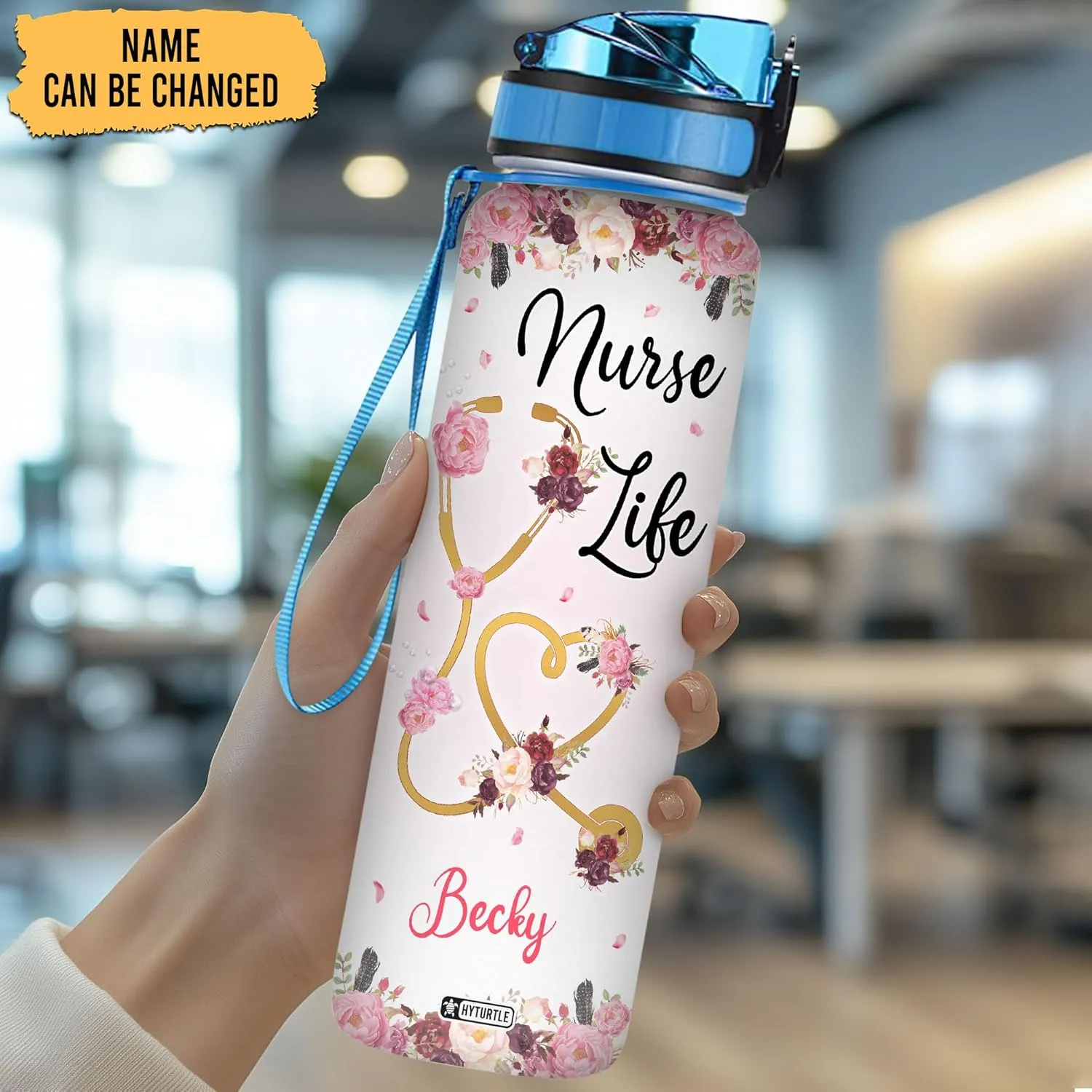 Hyturtle Personalized Nurse Life Water Bottle - 32oz Motivational Water Bottle with Leak-Proof Lid Time Marker - Custom Name Gift for Women, Nursing Students, Nurse Coworkers On Birthday Nurse's Day
