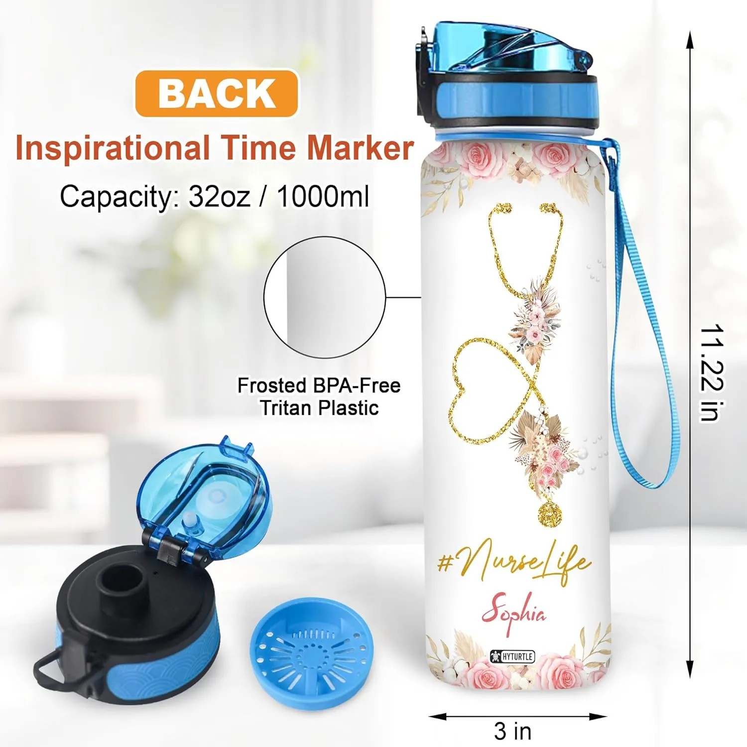 Hyturtle Personalized Nurse Life Water Bottle - 32oz Motivational Water Bottle with Leak-Proof Lid Time Marker - Custom Name Gift for Women Nursing Students Nurse Coworkers On Birthday Nurse's Day