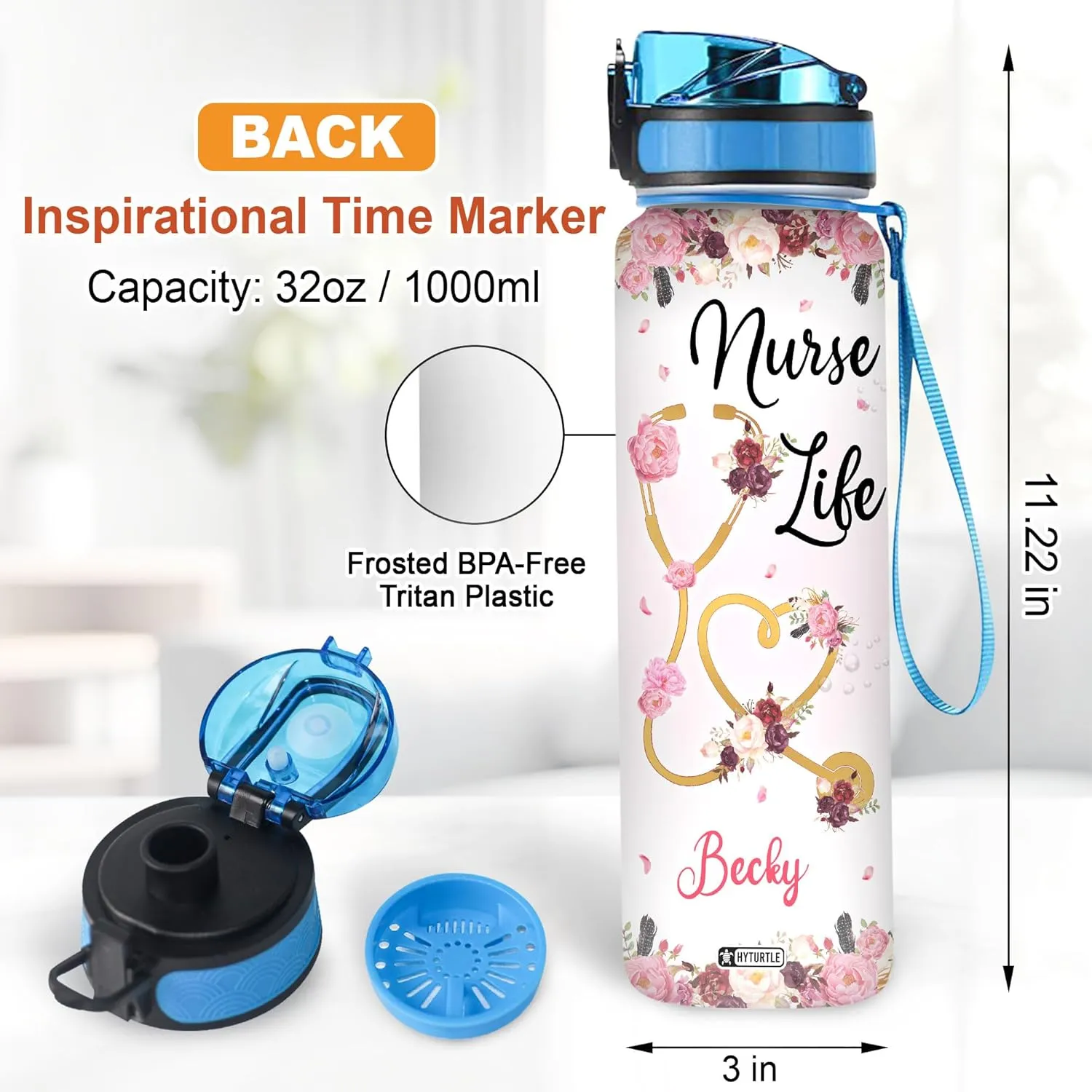 Hyturtle Personalized Nurse Life Water Bottle - 32oz Motivational Water Bottle with Leak-Proof Lid Time Marker - Custom Name Gift for Women, Nursing Students, Nurse Coworkers On Birthday Nurse's Day