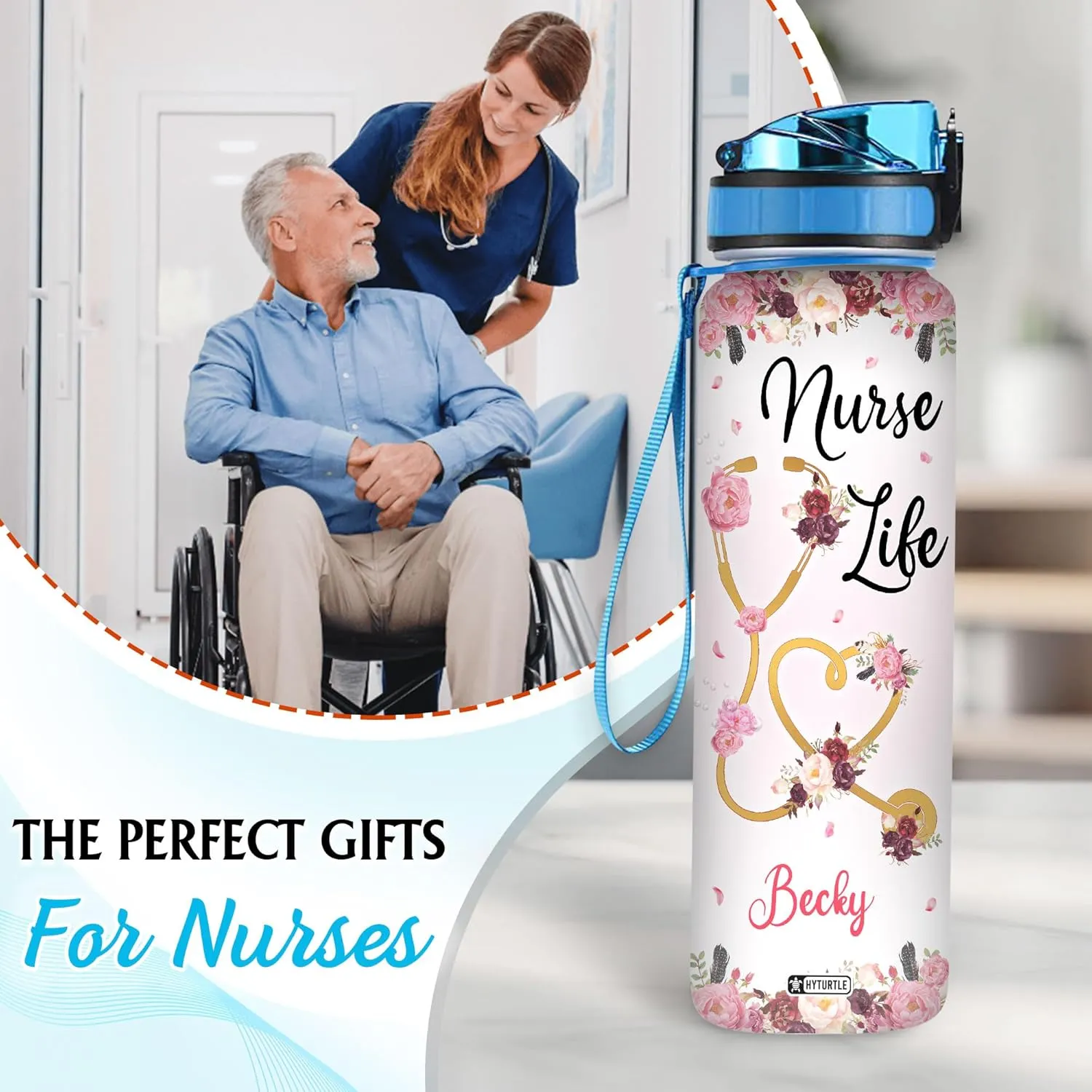 Hyturtle Personalized Nurse Life Water Bottle - 32oz Motivational Water Bottle with Leak-Proof Lid Time Marker - Custom Name Gift for Women, Nursing Students, Nurse Coworkers On Birthday Nurse's Day