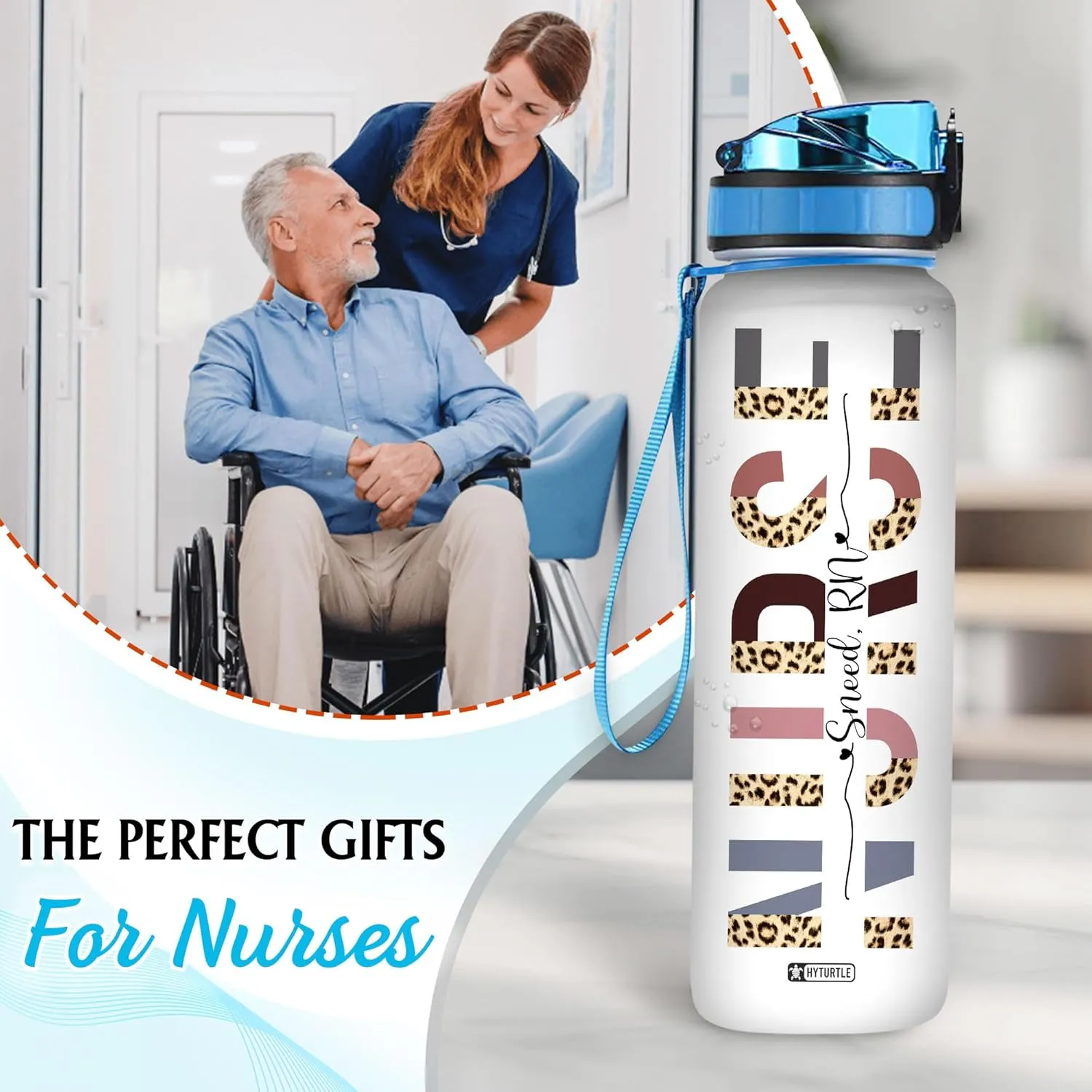 Hyturtle Personalized Nurse Water Bottle - 32oz Motivational Water Bottle with Leak-Proof Lid Time Marker - Custom Name Appreciation Gift for Women, Nursing Student Graduate On Birthday Nurse's Day