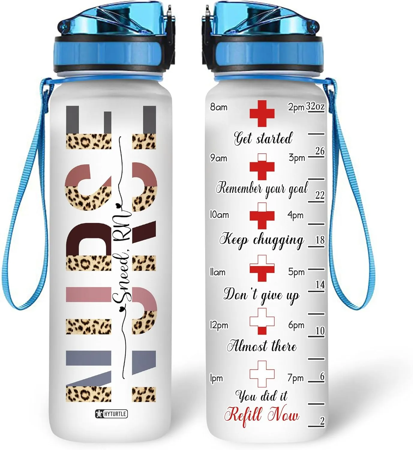 Hyturtle Personalized Nurse Water Bottle - 32oz Motivational Water Bottle with Leak-Proof Lid Time Marker - Custom Name Appreciation Gift for Women, Nursing Student Graduate On Birthday Nurse's Day