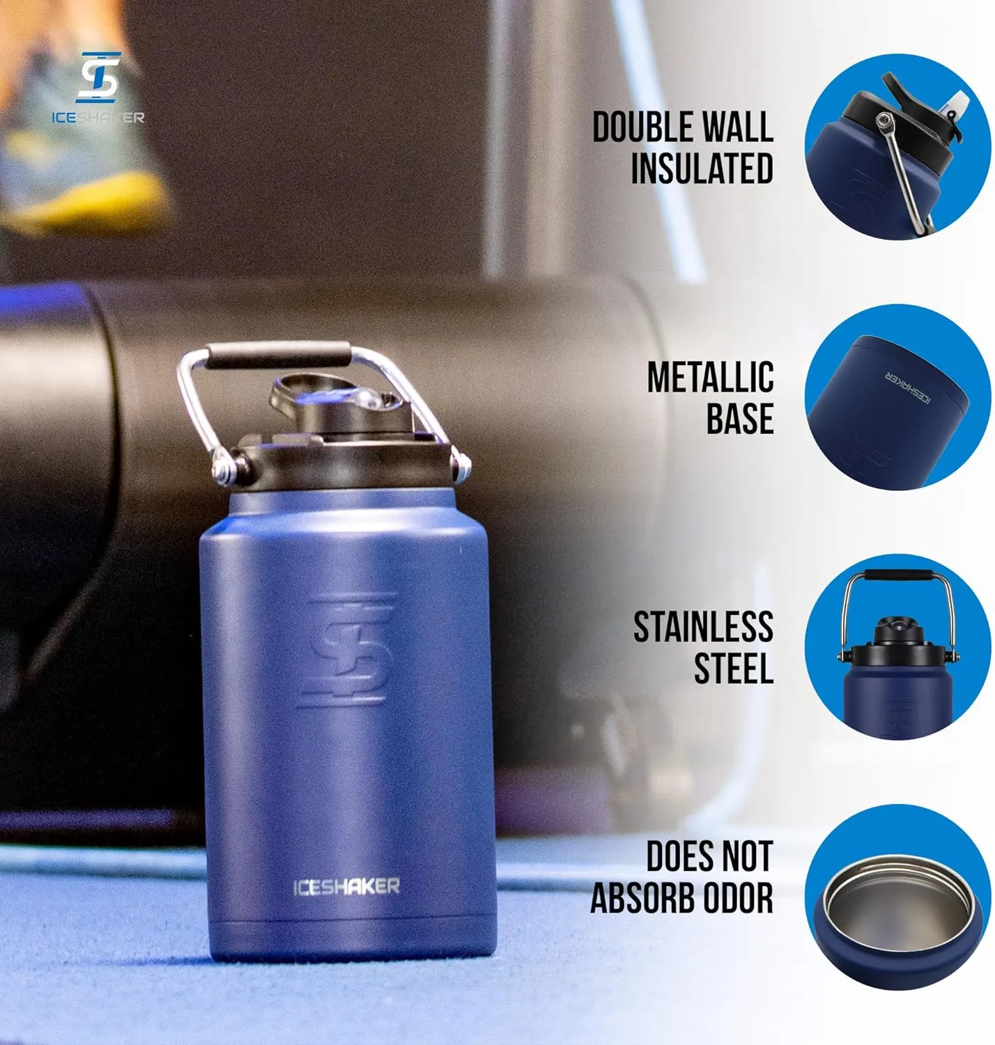 Ice Shaker Insulated Stainless Steel Gallon Water Jug | 128 Oz, Navy | Stays Cold for 60  Hours | Multi-purpose lid | Odor-Free Outdoor Water Jug for Sports, Camping, Hiking, Working Out