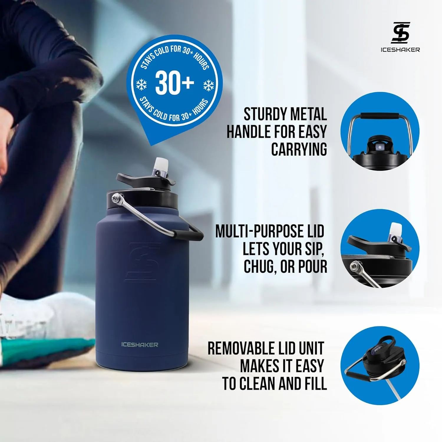 Ice Shaker Insulated Stainless Steel Gallon Water Jug | 128 Oz, Navy | Stays Cold for 60  Hours | Multi-purpose lid | Odor-Free Outdoor Water Jug for Sports, Camping, Hiking, Working Out