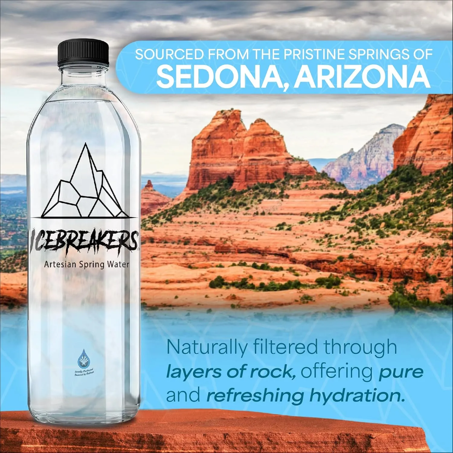 Icebreakers Premium Artesian Spring Water - Bottled Water Single Sourced from Sedona, Arizona - Naturally Infused with Electrolytes & Neutral pH for Optimal Hydration & Health (33 Fl. Oz (Pack of 12))