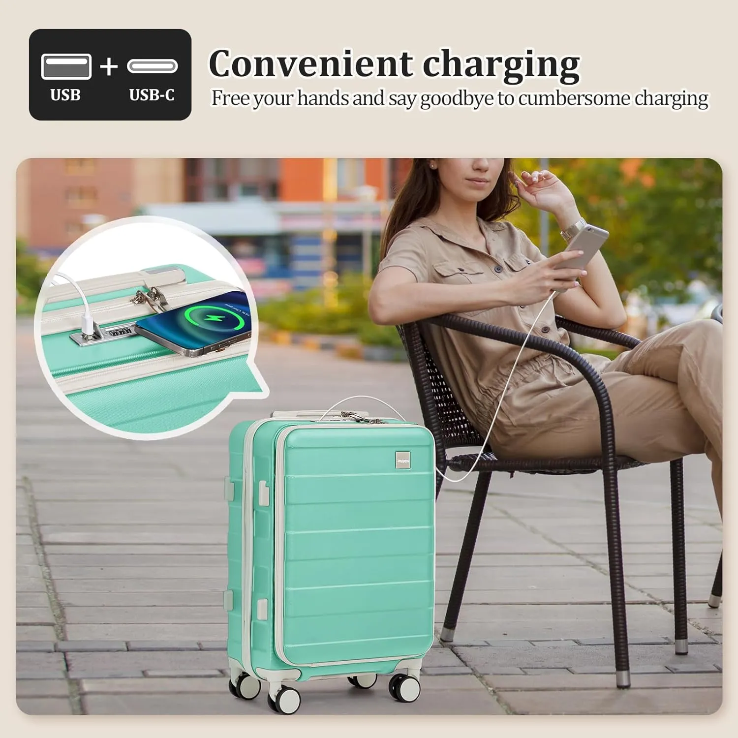 imiomo Carry on Luggage Airline Approved, Lightweight Hard Shell Carry-on Suitcase, 20 Inch Travel Luggage with Spinner Wheels and USB Port, Green
