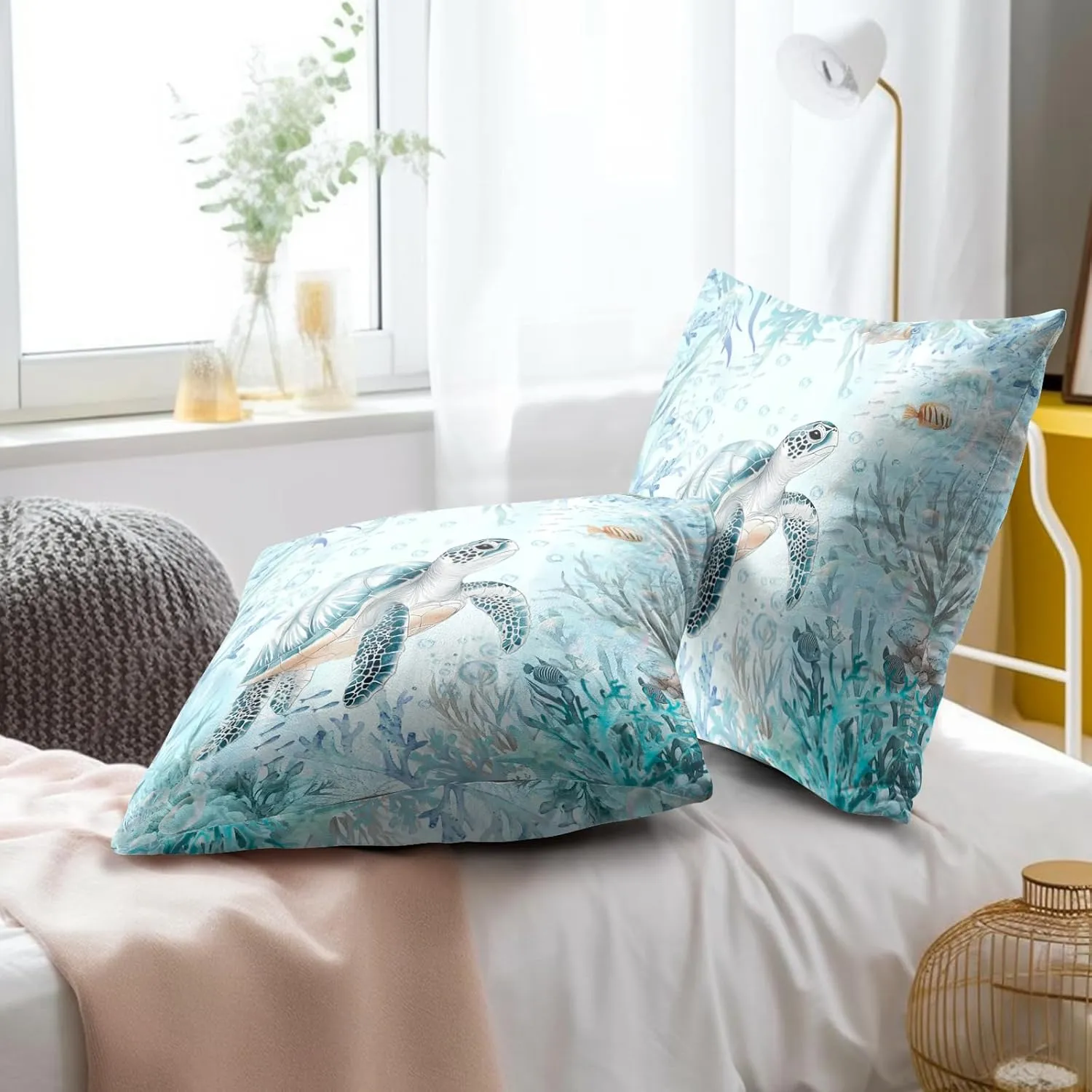 Imiss Sea Turtle Throw Pillow Cover 18x18 Inch Set of 2 Teal Blue Ocean Beach Coastal Decorative Outdoor Pillow Covers Square Cushion Pillow Cases for Patio Couch Sofa Bedroom