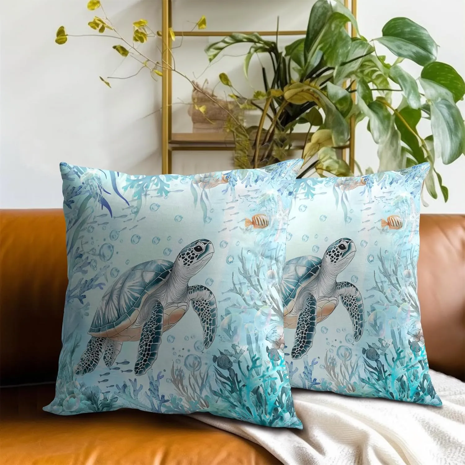 Imiss Sea Turtle Throw Pillow Cover 18x18 Inch Set of 2 Teal Blue Ocean Beach Coastal Decorative Outdoor Pillow Covers Square Cushion Pillow Cases for Patio Couch Sofa Bedroom