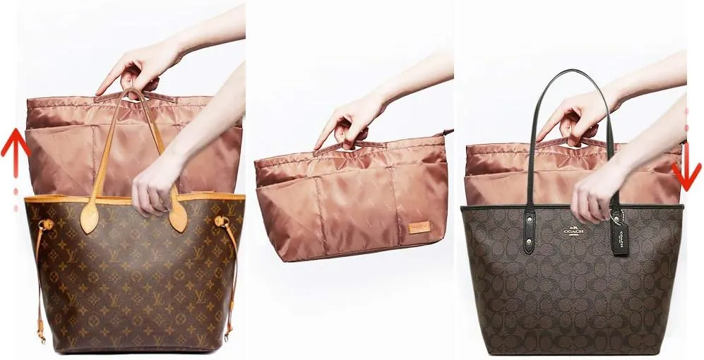iN. Purse Organizer Insert with zipper, Nylon fabric Storage Bag with handles, for womens Handbags & Tote bags, neverfull, lightweight large sized Brown