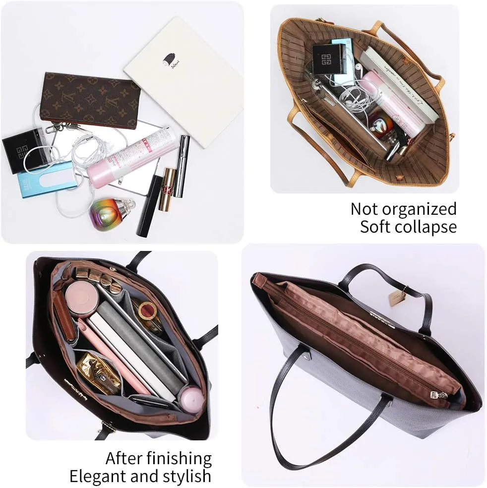 iN. Purse Organizer Insert with zipper, Nylon fabric Storage Bag with handles, for womens Handbags & Tote bags, neverfull, lightweight large sized Brown