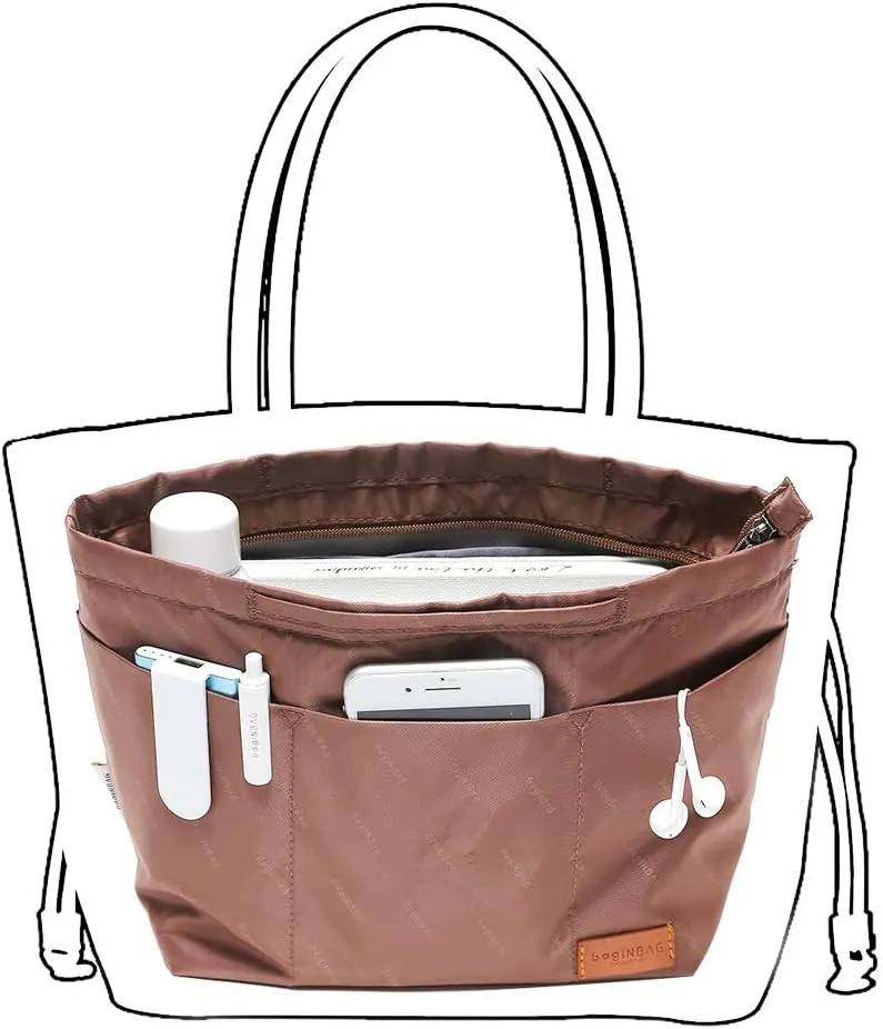 iN. Purse Organizer Insert with zipper, Nylon fabric Storage Bag with handles, for womens Handbags & Tote bags, neverfull, lightweight large sized Brown