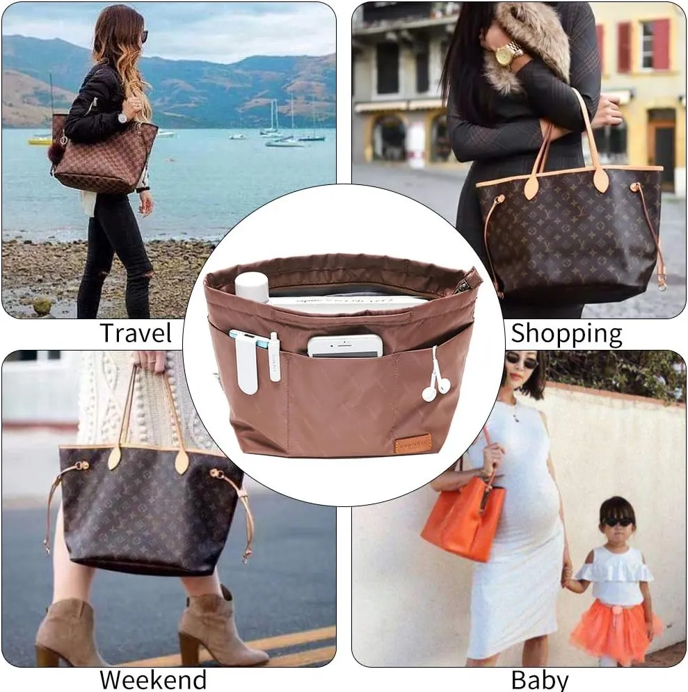 iN. Purse Organizer Insert with zipper, Nylon fabric Storage Bag with handles, for womens Handbags & Tote bags, neverfull, lightweight large sized Brown