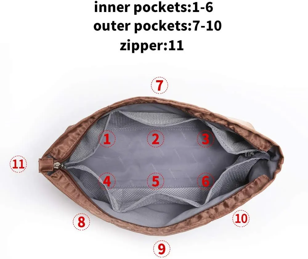 iN. Purse Organizer Insert with zipper, Nylon fabric Storage Bag with handles, for womens Handbags & Tote bags, neverfull, lightweight large sized Brown