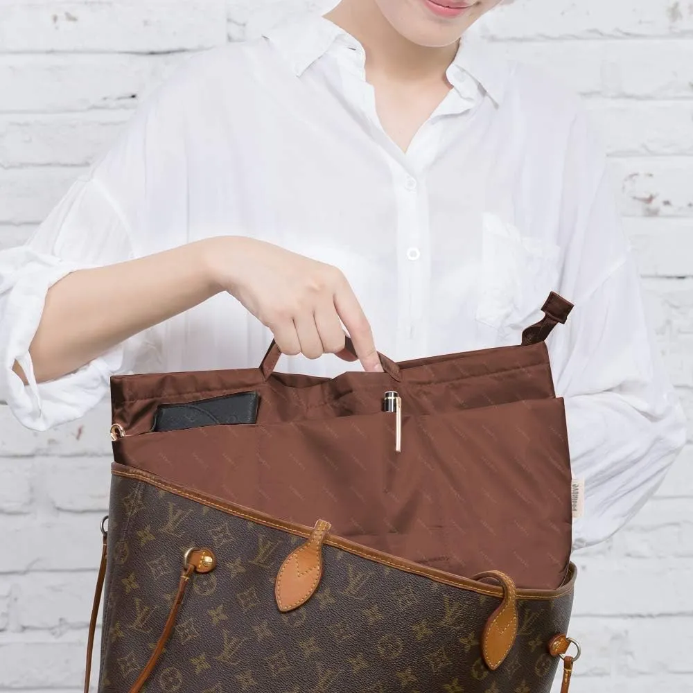 iN. Purse Organizer Insert with zipper, Nylon fabric Storage Bag with handles, for womens Handbags & Tote bags, neverfull, lightweight large sized Brown